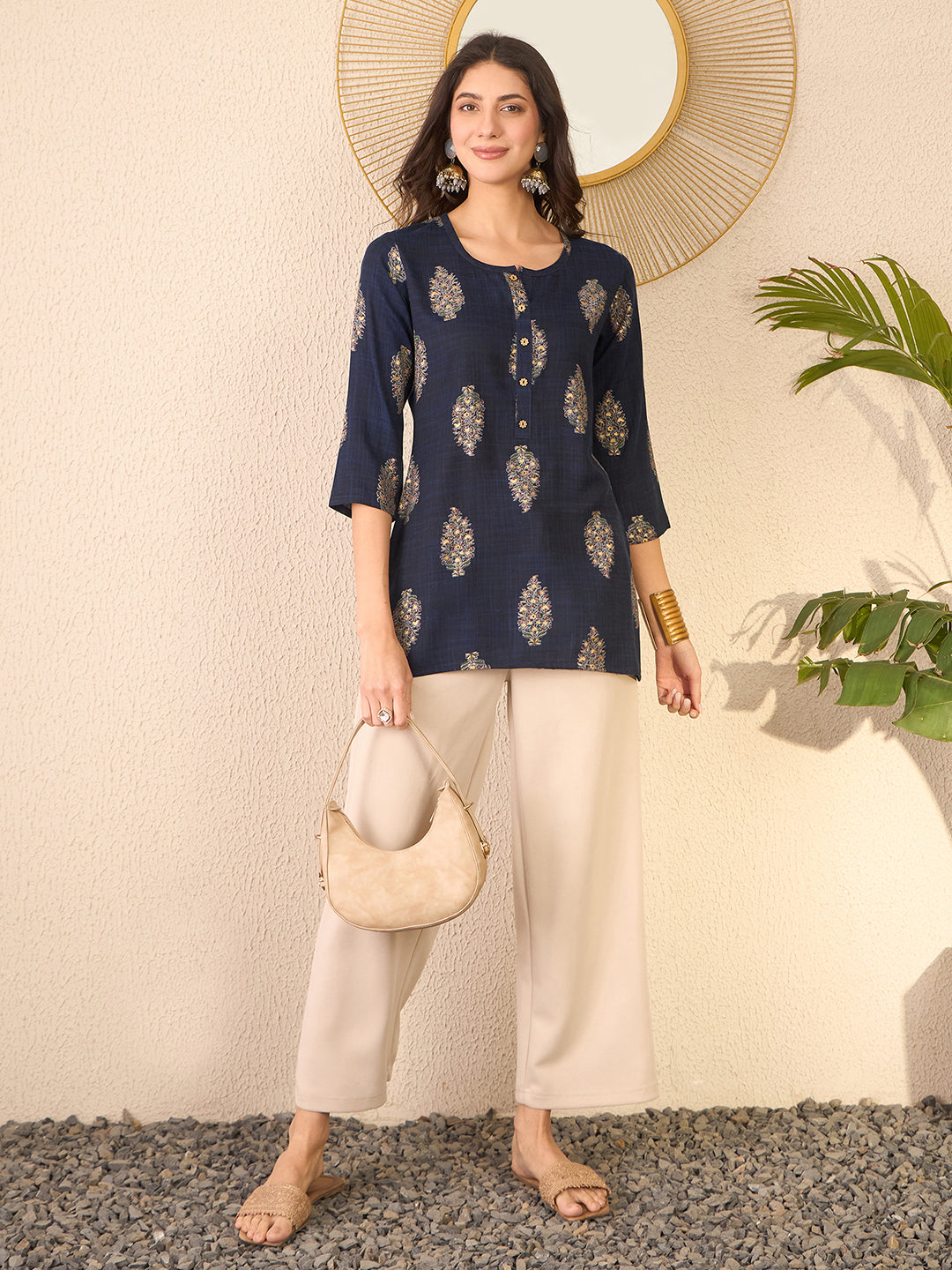 Women Navy Blue Cotton Blend Floral Printed Regular Top