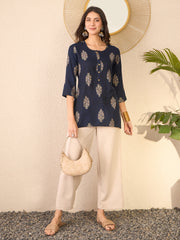 Women Navy Blue Cotton Blend Floral Printed Regular Top-VT1395