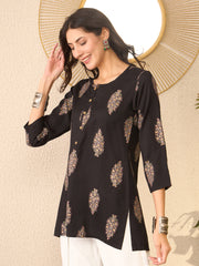 Women Black Cotton Blend Floral Printed Regular Top-VT1396