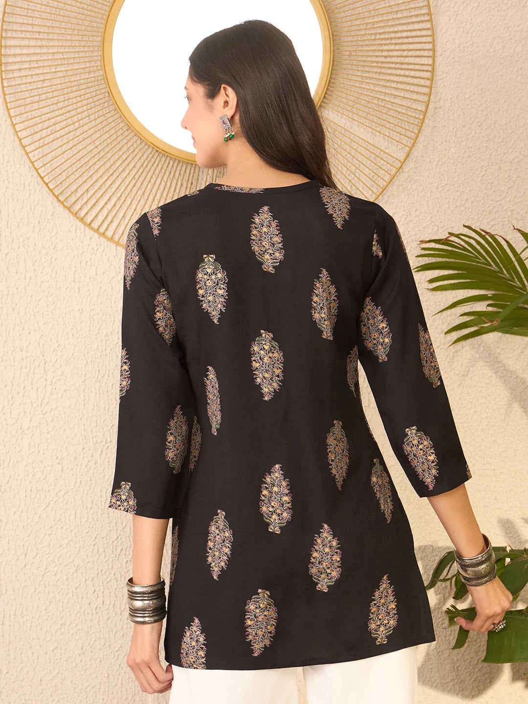 Women Black Cotton Blend Floral Printed Regular Top