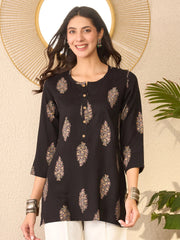 Women Black Cotton Blend Floral Printed Regular Top-VT1396