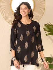 Women Black Cotton Blend Floral Printed Regular Top-VT1396