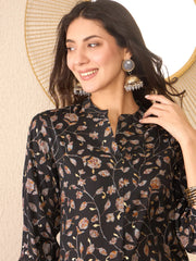 Women Black Cotton Blend Floral Printed Regular Top-VT1397