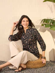 Women Black Cotton Blend Floral Printed Regular Top-VT1397