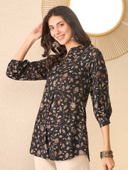 Women Black Cotton Blend Floral Printed Regular Top-VT1397
