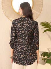 Women Black Cotton Blend Floral Printed Regular Top-VT1397