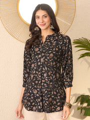 Women Black Cotton Blend Floral Printed Regular Top-VT1397