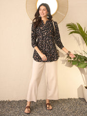 Women Black Cotton Blend Floral Printed Regular Top-VT1397