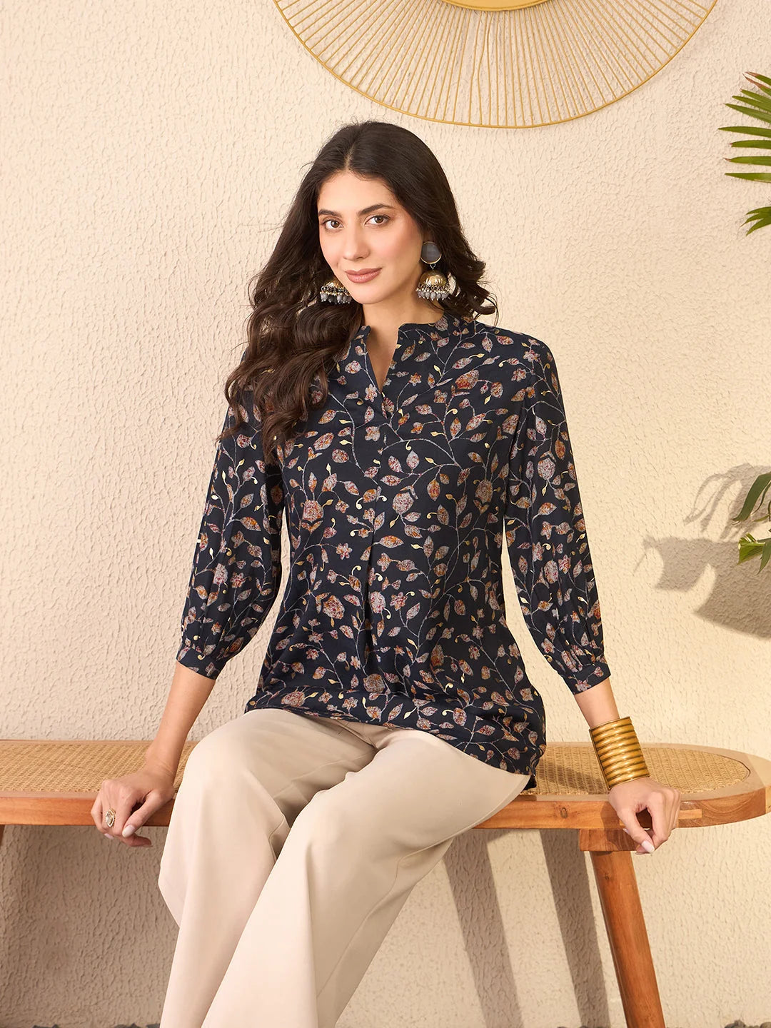 Women Navy Blue Cotton Blend Floral Printed Regular Top-VT1398