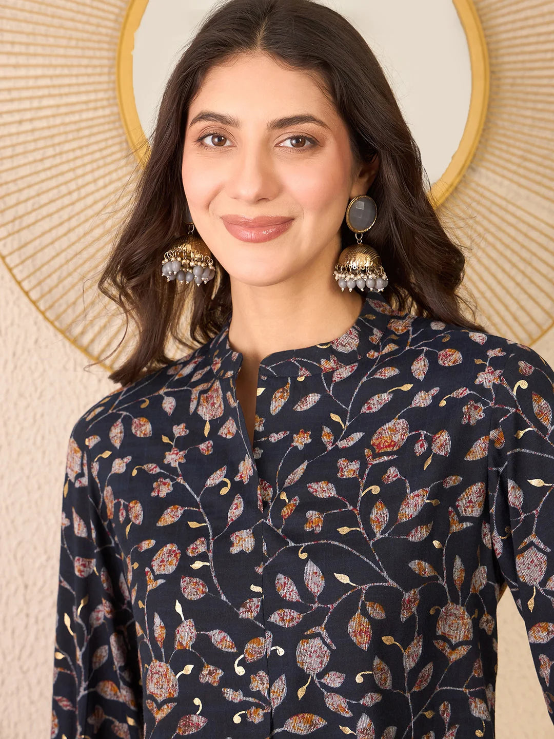 Women Navy Blue Cotton Blend Floral Printed Regular Top