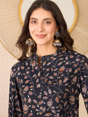 Women Navy Blue Cotton Blend Floral Printed Regular Top-VT1398