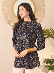 Women Navy Blue Cotton Blend Floral Printed Regular Top-VT1398