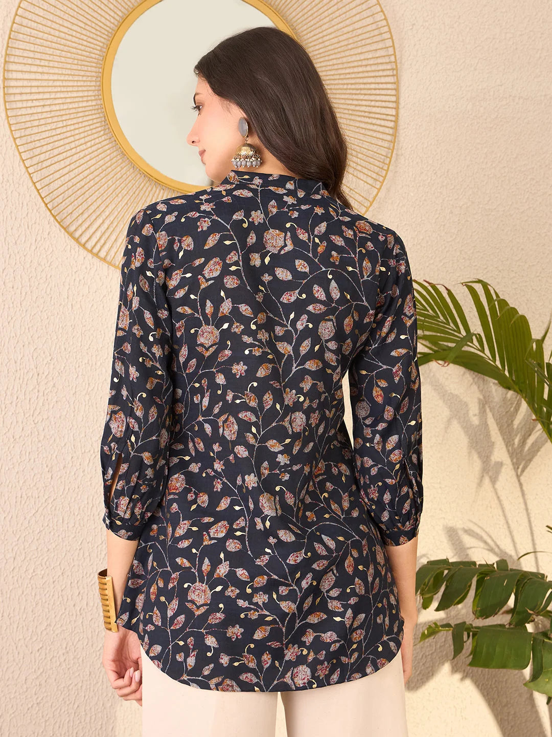 Women Navy Blue Cotton Blend Floral Printed Regular Top