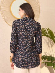 Women Navy Blue Cotton Blend Floral Printed Regular Top-VT1398