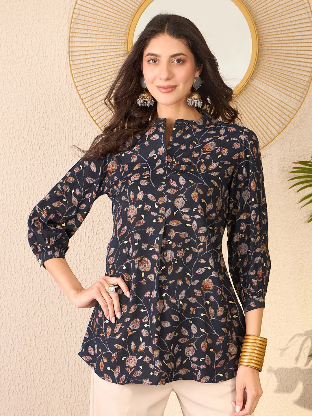 Women Navy Blue Cotton Blend Floral Printed Regular Top