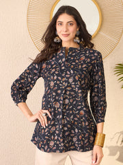 Women Navy Blue Cotton Blend Floral Printed Regular Top-VT1398