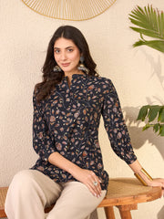 Women Navy Blue Cotton Blend Floral Printed Regular Top-VT1398