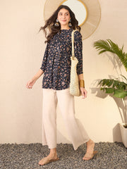Women Navy Blue Cotton Blend Floral Printed Regular Top-VT1398