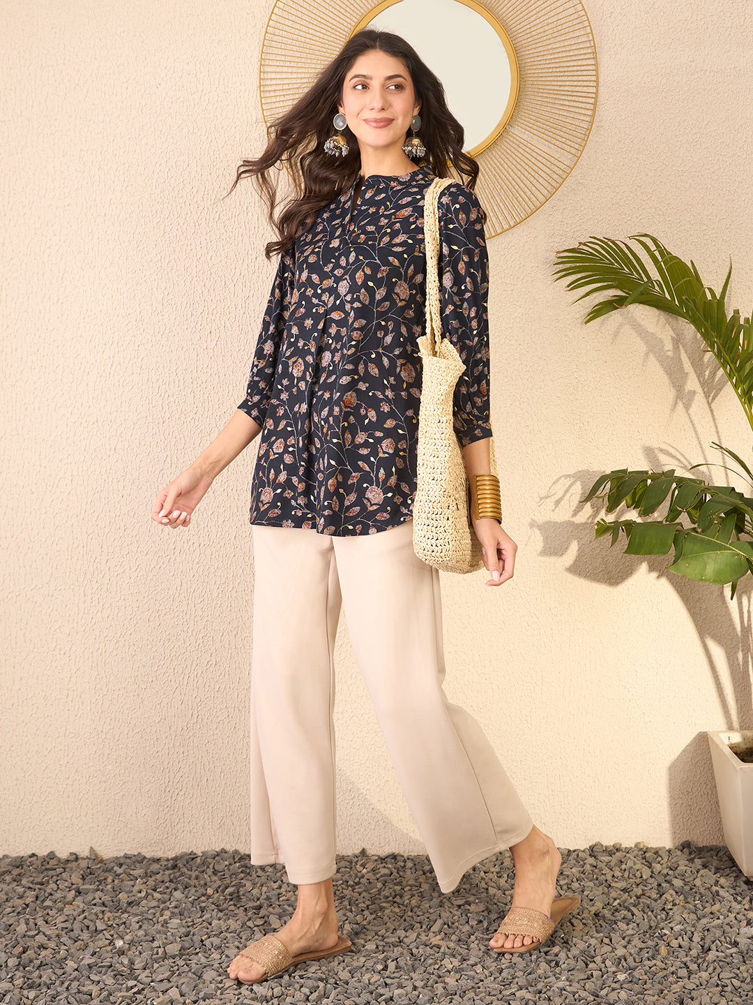 Women Navy Blue Cotton Blend Floral Printed Regular Top