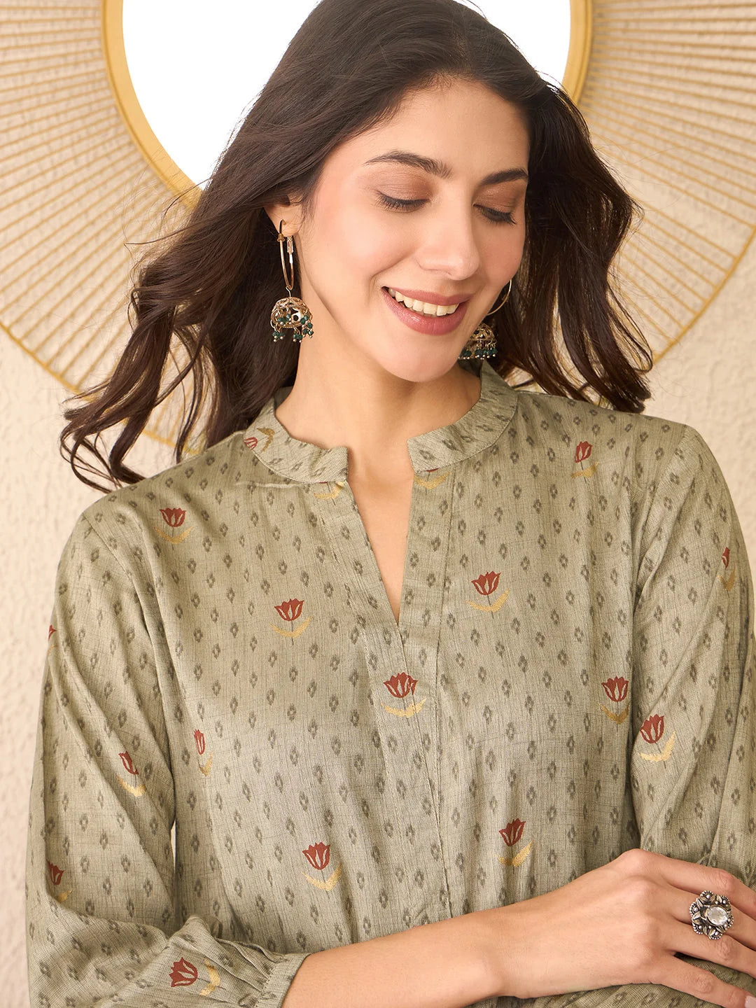 Women Grey Cotton Blend Floral Printed Regular Top-VT1399