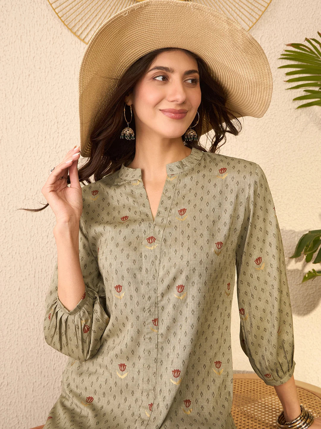 Women Grey Cotton Blend Floral Printed Regular Top