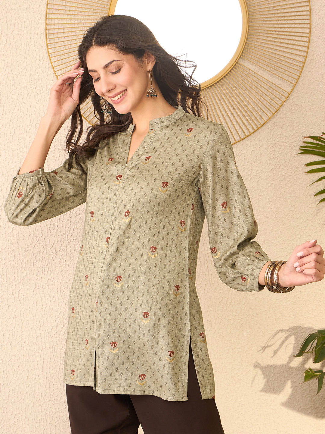 Women Grey Cotton Blend Floral Printed Regular Top