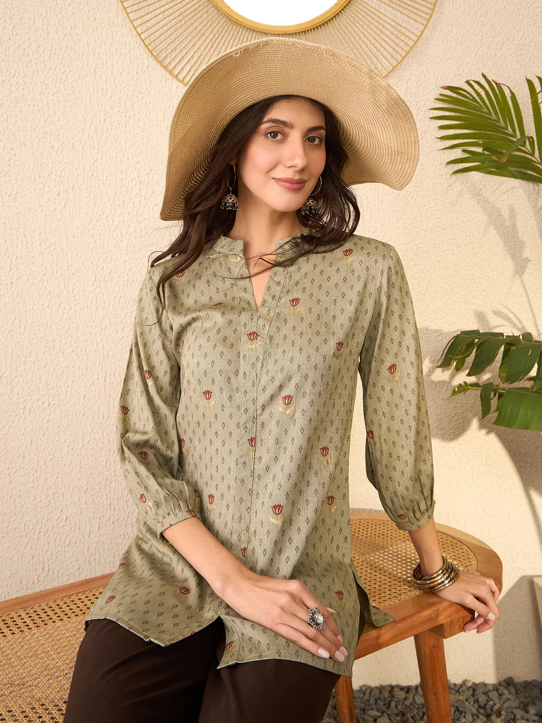 Women Grey Cotton Blend Floral Printed Regular Top