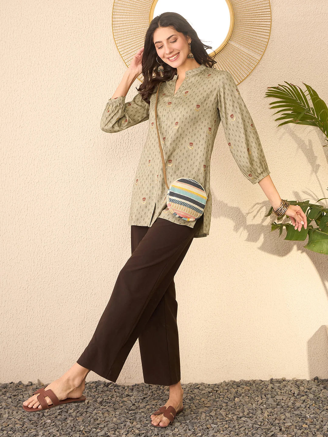 Women Grey Cotton Blend Floral Printed Regular Top