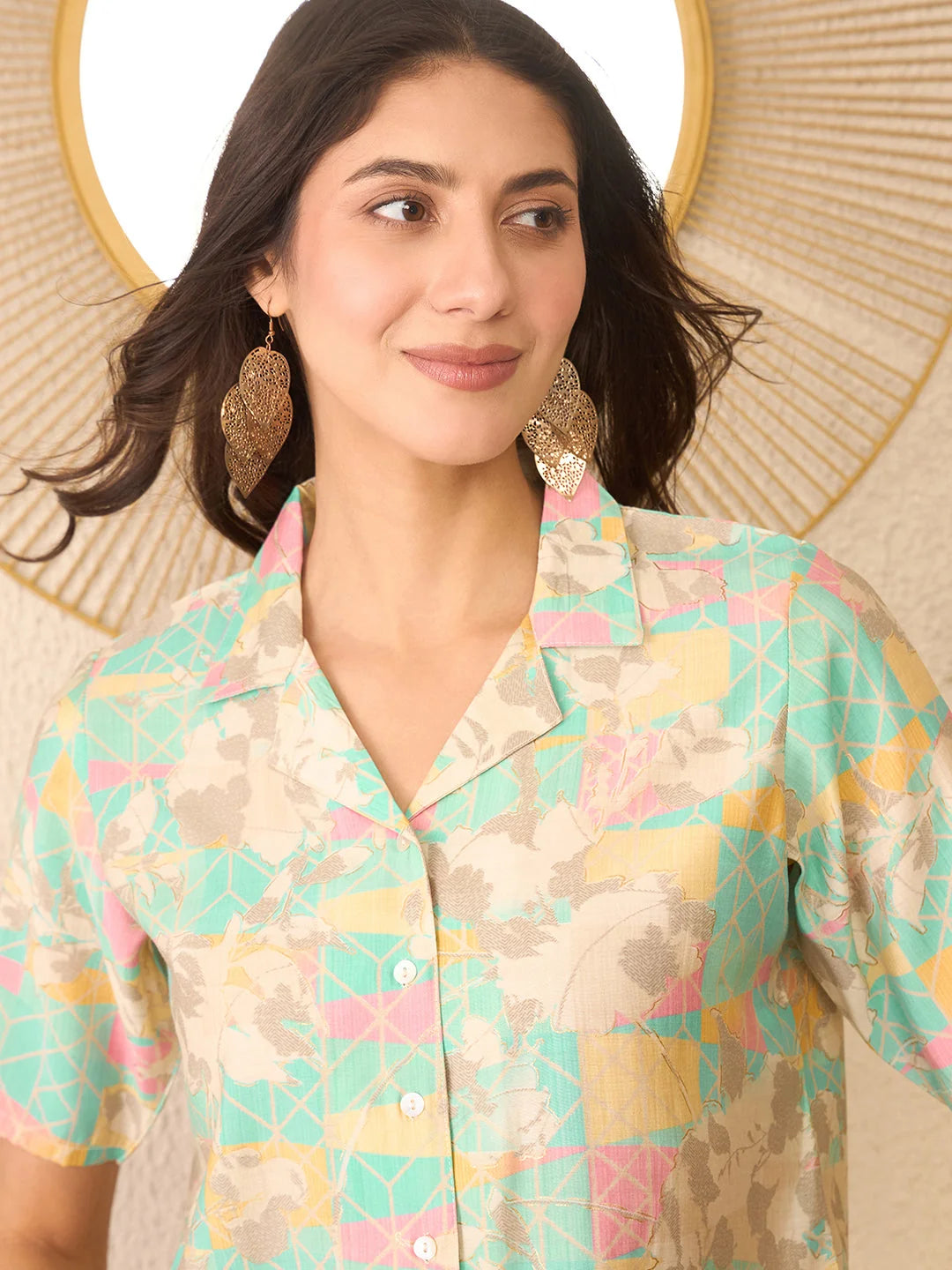 Women Multi Cotton Blend Abstract Printed Crop Shirt Style Top-VT1400