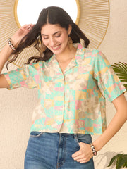 Women Multi Cotton Blend Abstract Printed Crop Shirt Style Top-VT1400