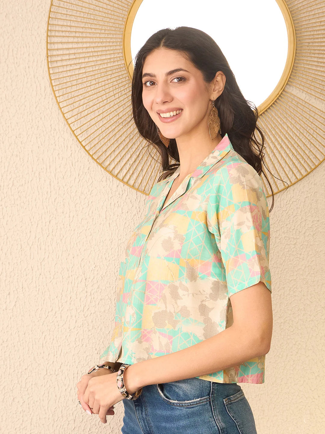 Women Multi Cotton Blend Abstract Printed Crop Shirt Style Top