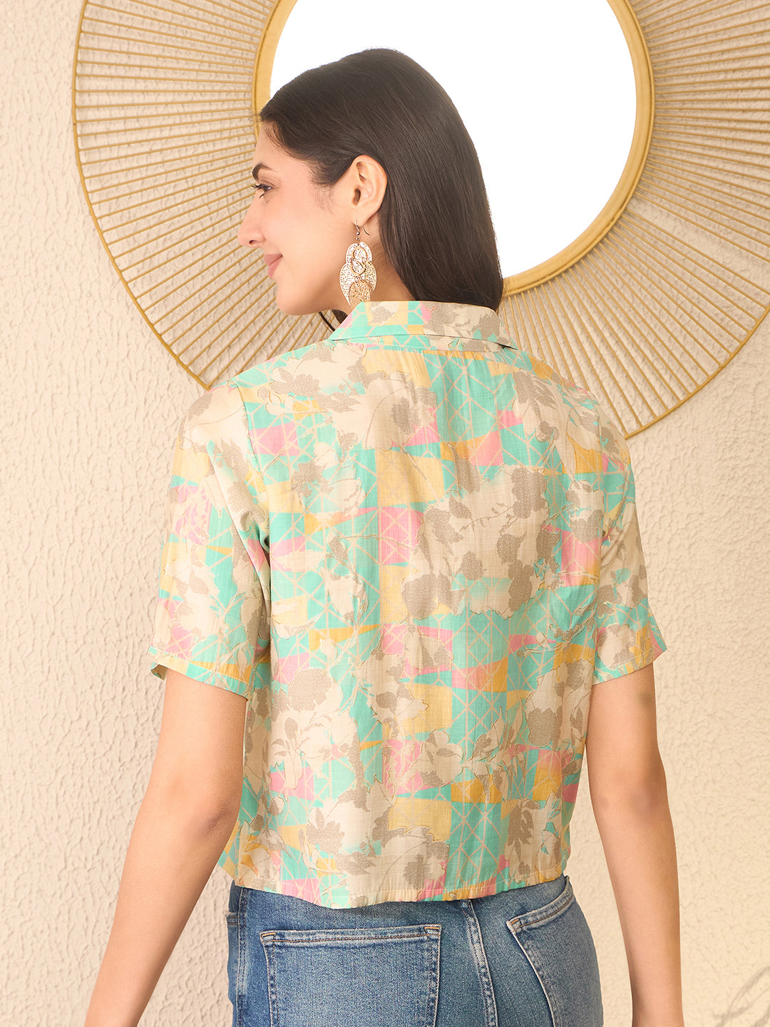 Women Multi Cotton Blend Abstract Printed Crop Shirt Style Top