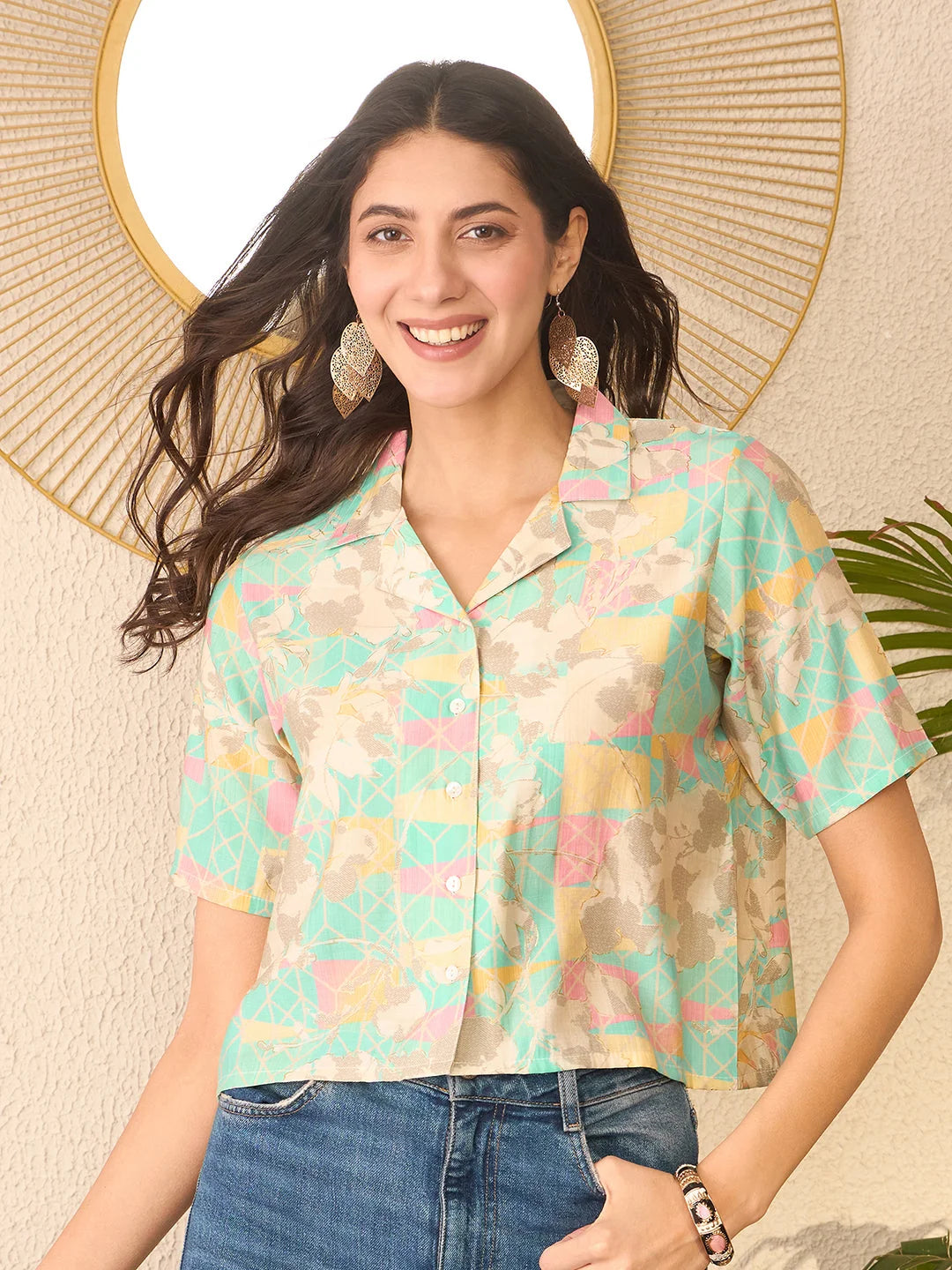 Women Multi Cotton Blend Abstract Printed Crop Shirt Style Top