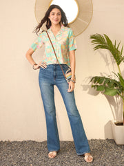 Women Multi Cotton Blend Abstract Printed Crop Shirt Style Top-VT1400