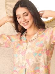 Women Multi Cotton Blend Abstract Printed Crop Shirt Style Top-VT1401