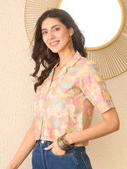 Women Multi Cotton Blend Abstract Printed Crop Shirt Style Top-VT1401