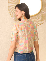 Women Multi Cotton Blend Abstract Printed Crop Shirt Style Top-VT1401
