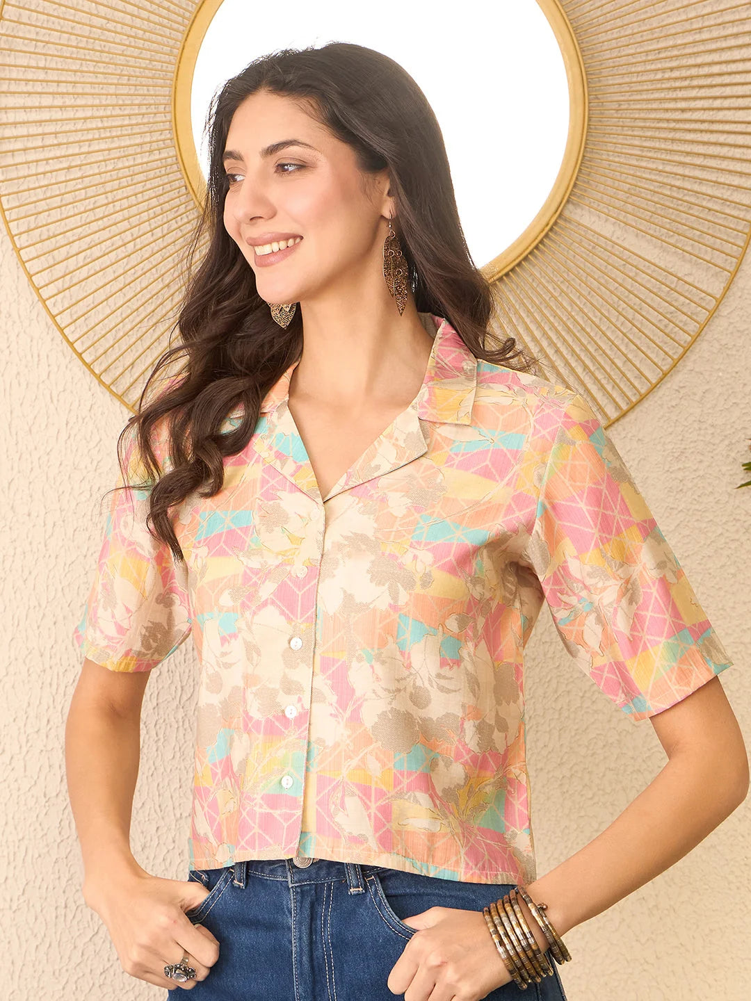 Women Multi Cotton Blend Abstract Printed Crop Shirt Style Top