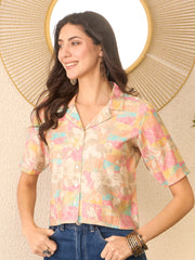 Women Multi Cotton Blend Abstract Printed Crop Shirt Style Top-VT1401