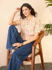 Women Multi Cotton Blend Abstract Printed Crop Shirt Style Top-VT1401