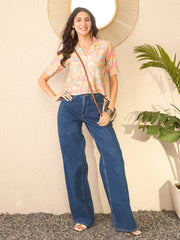 Women Multi Cotton Blend Abstract Printed Crop Shirt Style Top-VT1401