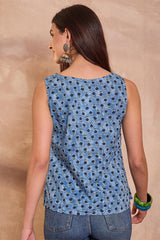 Blue Cotton Blend Floral Printed Top VT1418