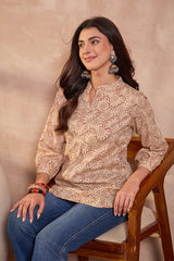 Beige Cotton Ethnic Motifs Printed Top VT1430