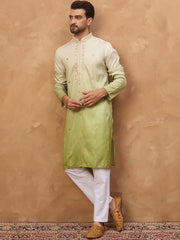 Ethnic Bay Men Green Silk Blend Solid Embroidered Straight Kurta With Pant Set-MKSET1488
