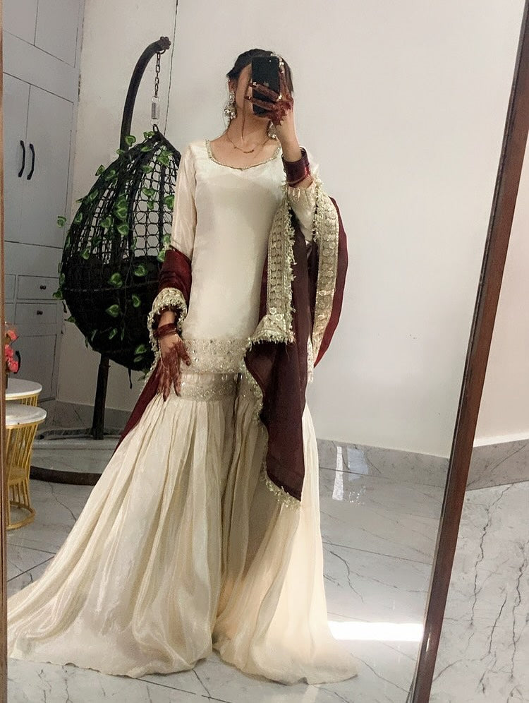Georgette Kurta Set for Women - Off White | MLWSHKS8925CRM | DesiQlo