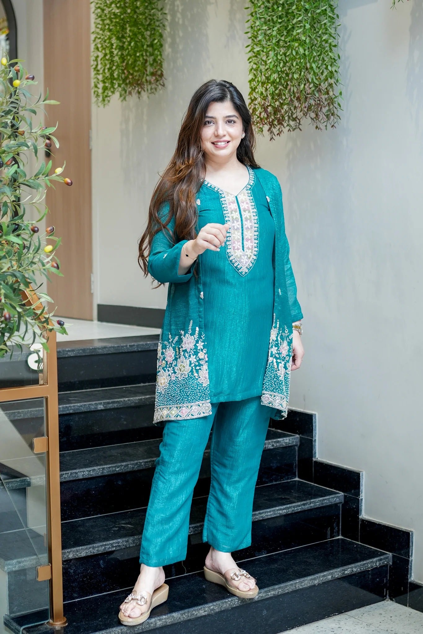 Georgette Kurta Set for Women - Teal | MLWSHKS8927TEL | DesiQlo