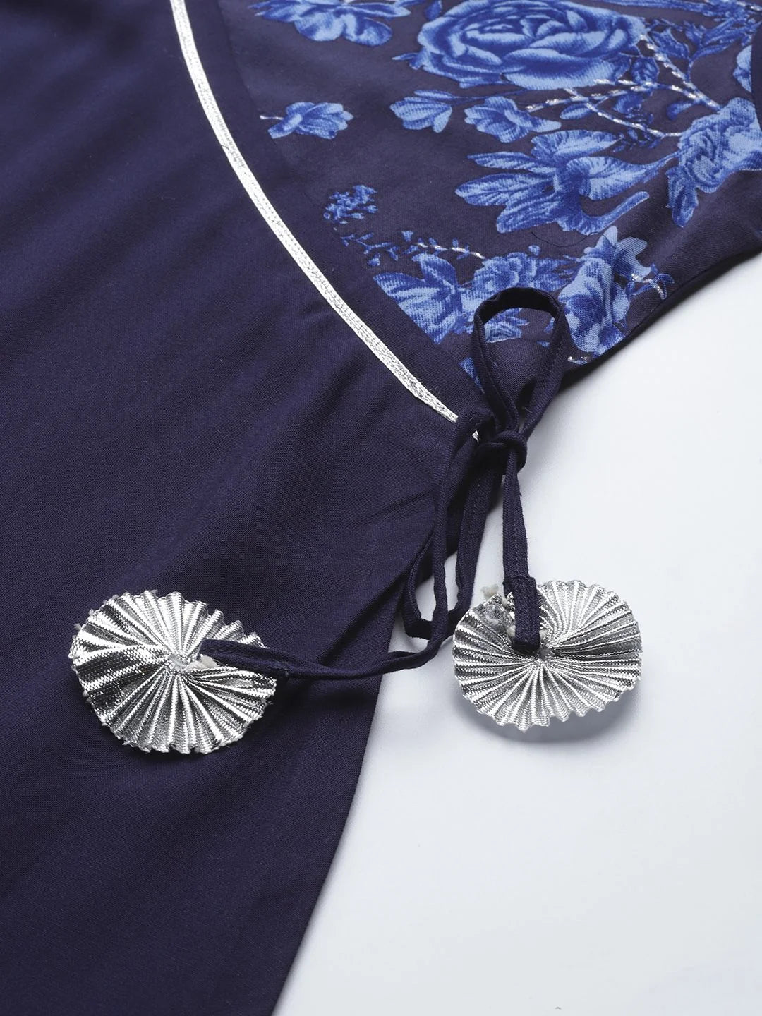 Navy Blue Printed Co ord Sets: Rayon Angrakha Tunic & Trousers