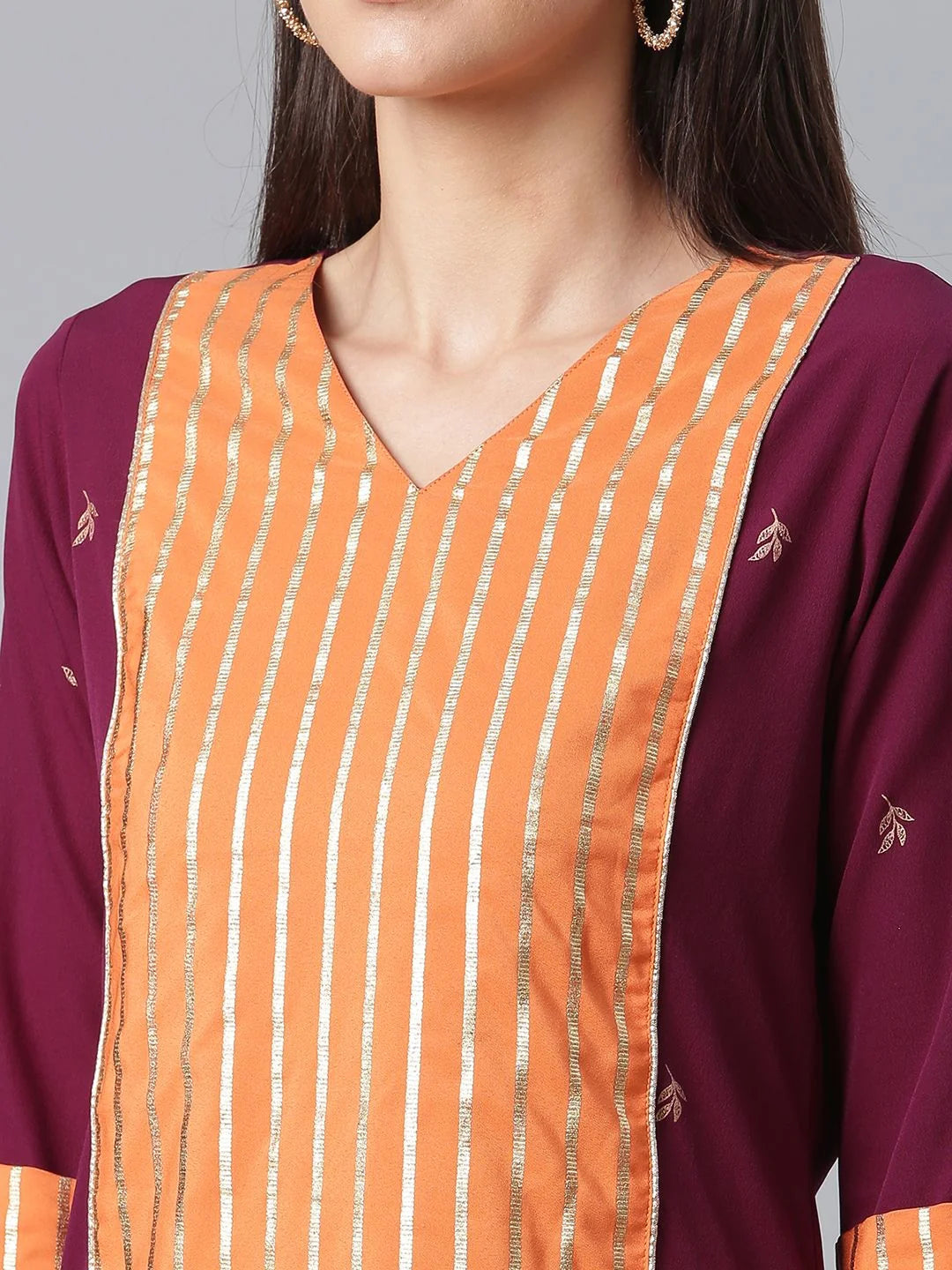 Wine & Orange Printed Kurta Palazzo Set With Dupatta