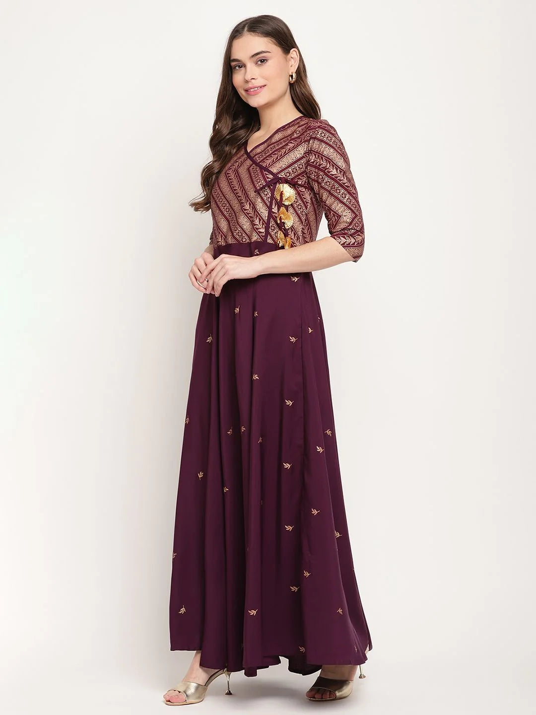 Wine Glitter Print Indian Kurta: Festive Kurtis for Ladies