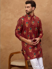 Ethnic Bay Men Red Viscose Rayon Ethnic Motifs Printed Straight Kurta With Pant Set-MKSET1544
